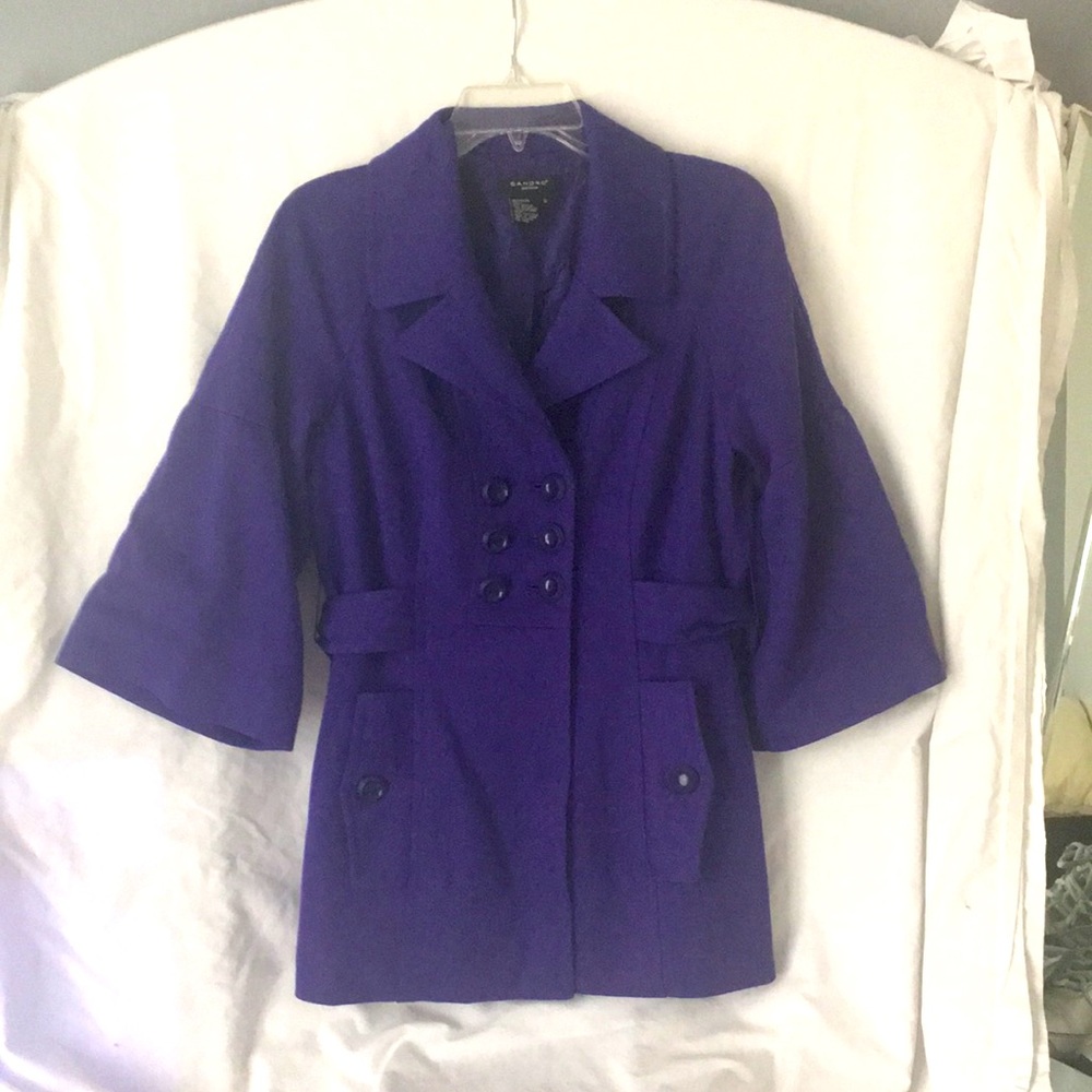 EUC Sandro sportswear beautiful satin lined purple pea coat. Flare 3/4 sleeves.